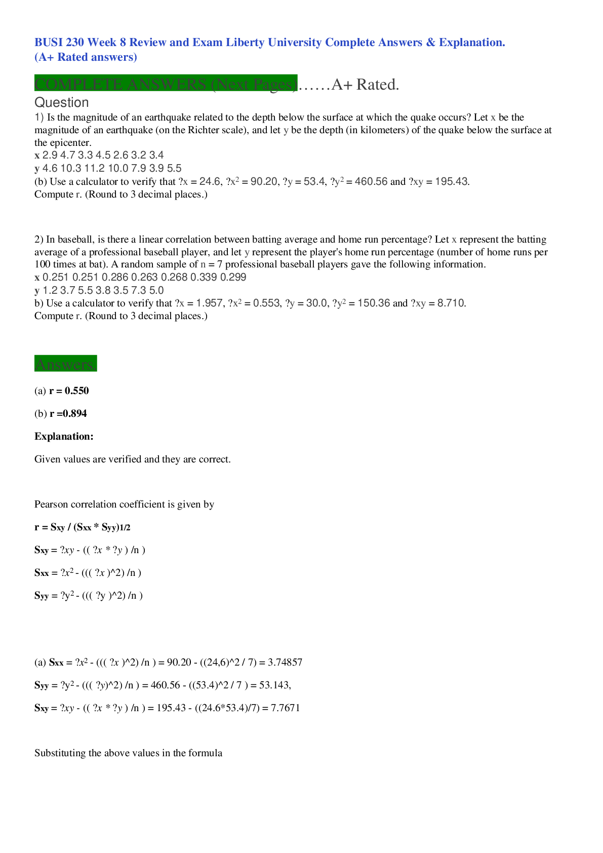 Preview image for BUSI 230 Week 8 Review and Exam Liberty University Complete Answers & Explanation. (A+ Rated answers)